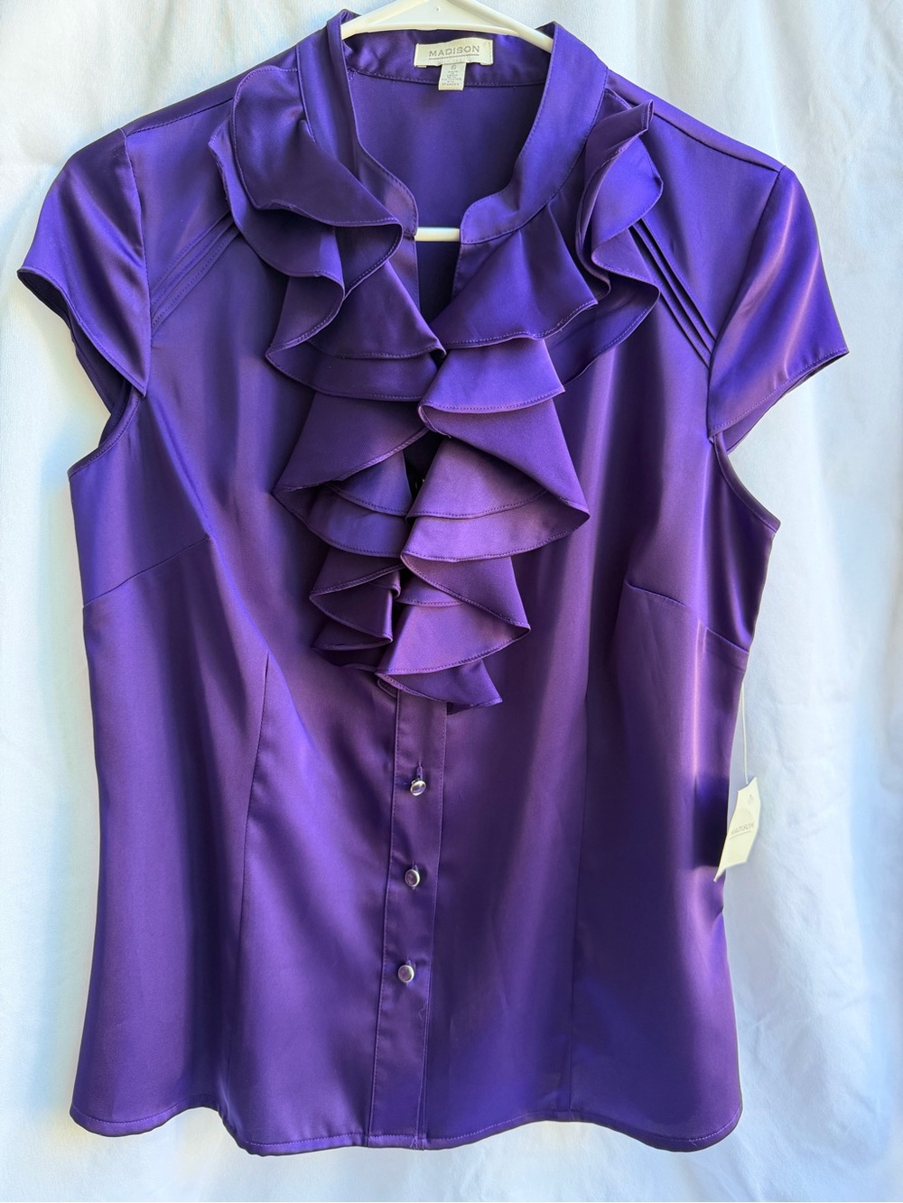 Madison Purple Ruffle Front Cap Sleeve Blouse